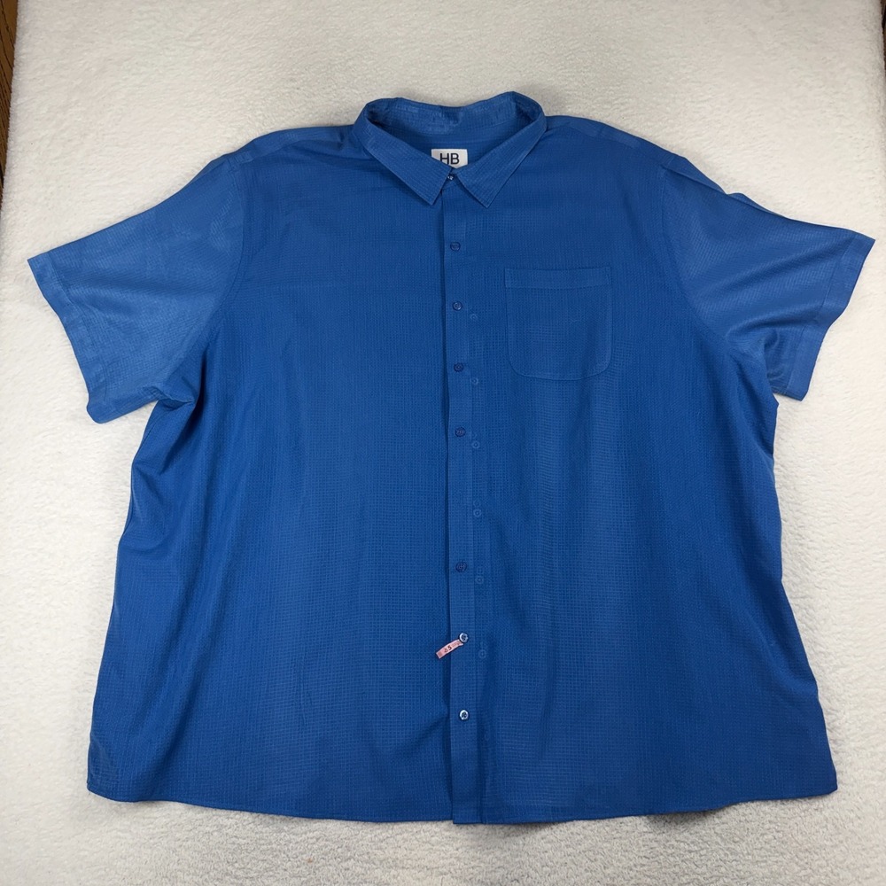 HB Mens Big & Tall 5XL Blue Check Woven Polyester Button-Up Shirt Pockets